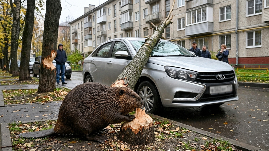 Бобр, живущий в центре Санкт-Петербурга, уронил дерево на машину